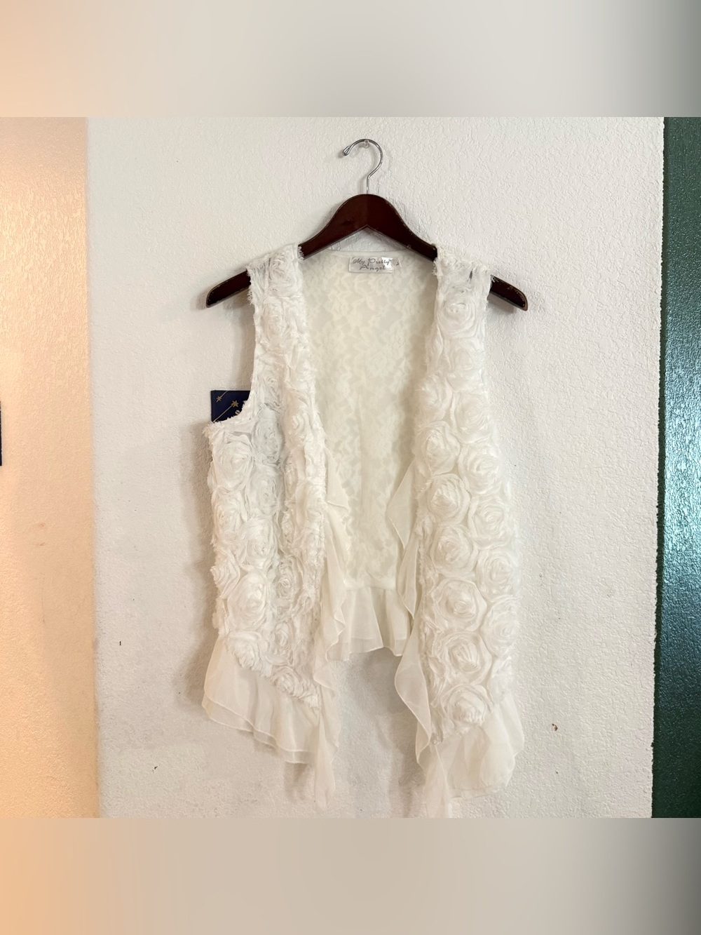 Pretty Angel Womens Vest White Floral Rosette Ruffle Silk Blend Whimsical Large